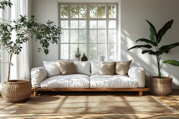 Scandinavian style white living room with sofa, window, and light background in modern home mock-up, 3D illustration.