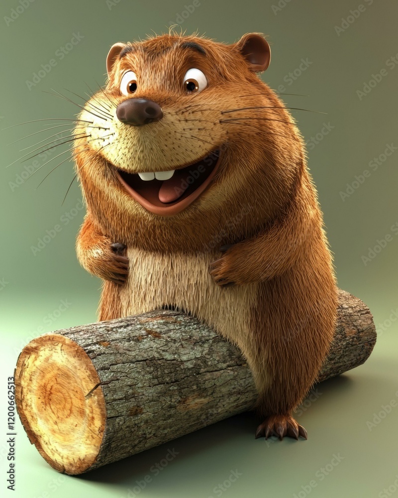 Wall mural Happy cartoon beaver sitting on a log. AI.