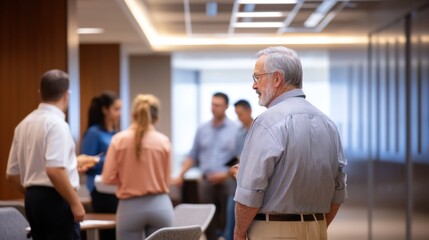 A group of professionals collaborates in a bright office environment, exchanging ideas
