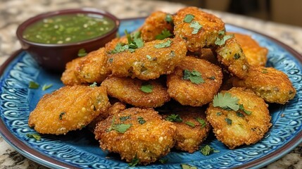 plate of crispy, golden-brown vegetarian pakoras served with a side of mint chutney, placed on a decorative blue plate with a sprinkle of cilantro