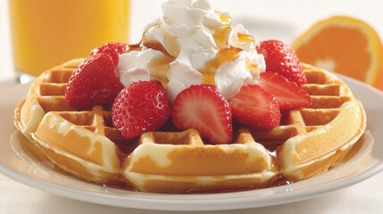 plate of golden waffles topped with strawberries, whipped cream, and a drizzle of syrup, served with a side of orange juice