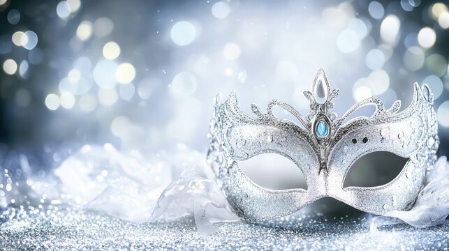 The silver mask with glittering texture takes center stage against a dark silver background, creating a radiant, glamorous effect full of allure and mystique.