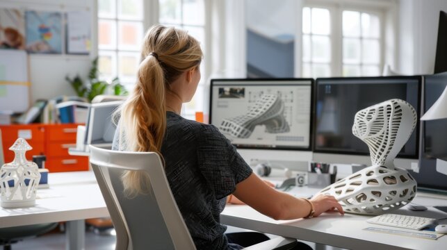 An industrial designer prototyping ergonomic workstations for office environments, with ergonomic furniture models and office settings visible, Ergonomic workstation design scene