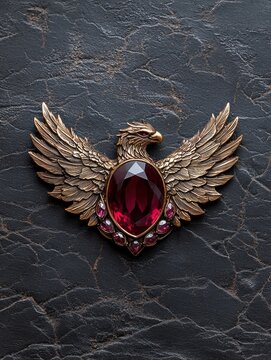 Ornate bronze eagle pendant with ruby gemstone