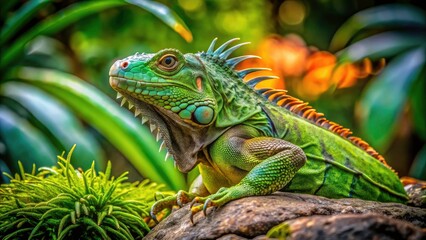 Obraz premium Majestic Green Iguana Resting on Rock in Natural Habitat - Serene Reptile Close-Up with Lush Background and Copy Space for Text Overlay