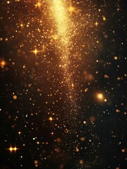 Golden stars and glitter twinkle softly, creating a luminous, magical scene against a dark, endless background, adding a celestial touch of elegance.