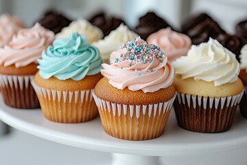 Close-up of assorted cupcakes with colorful frosting on a white cake stand