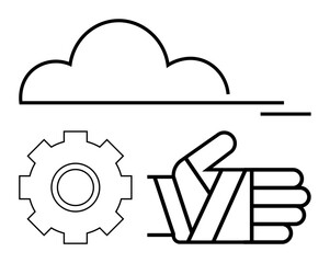 Cloud outline, cogwheel, and hand gesture combining concepts of technology, teamwork, and communication. Ideal for IT services, innovation, collaboration, cloud computing mechanics teamwork