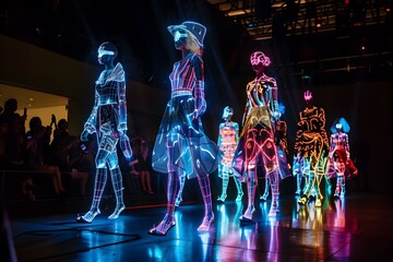 Futuristic fashion show featuring models illuminated with neon designs.