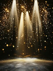Radiant golden light enhances the falling stars and sparkles, forming a luxurious, dreamy, and magical effect on a dark, atmospheric backdrop.