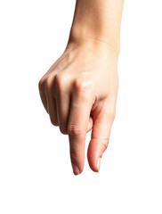 Hand holding a little bit of something, isolated on white background