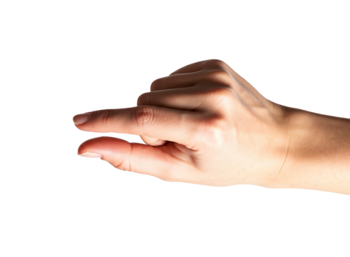 Hand holding a little bit of something, isolated on white background