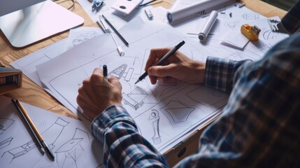 An industrial designer sketching new product concepts at a drafting table, with design sketches and prototypes around, Design studio scene