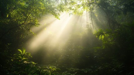 quiet clearing in the humid jungle, with sunlight streaming through the canopy above, casting beams of light onto the dense underbrush,