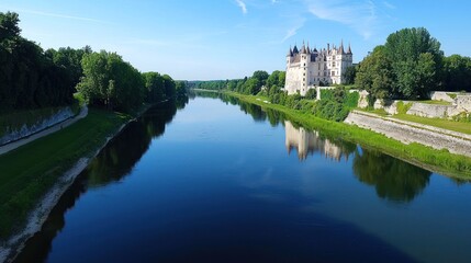 Obraz premium Scenic view of a castle beside a serene river with lush greenery.