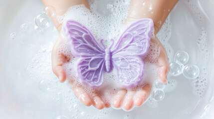 Fototapeta premium Child Washing Hands with Butterfly-Shaped Soap and Bubbles.