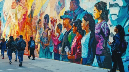 Diverse people walking past vibrant mural, city street, community event