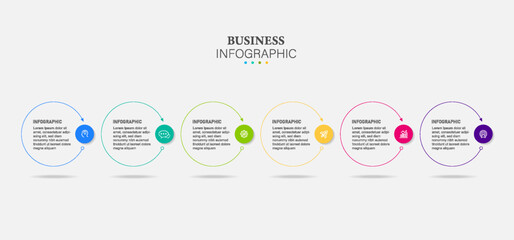 Concept of arrow business model with successive steps. 6 colorful circle elements. Timeline design for brochure, presentation. Infographic design layout