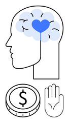 Head profile with heart symbol in brain shows emotional intelligence. Coin below highlights financial awareness, hand signifies generosity or charitable action. Ideal for emotions, finance, giving