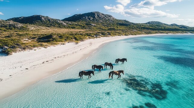 remote island paradise with crystal-clear waters, white sand, and wild horses roaming freely along the shoreline under a bright sun