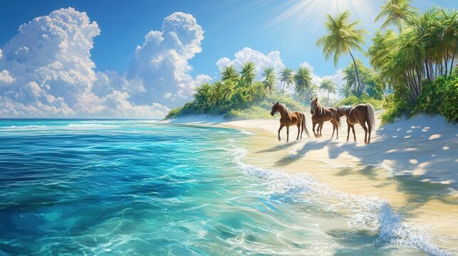 remote island paradise with crystal-clear waters, white sand, and wild horses roaming freely along the shoreline under a bright sun