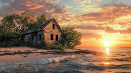 remote island with an abandoned wooden cabin, overgrown with vines, standing alone on a beach as the sun sets in the distance