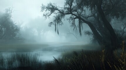 remote marsh with a blanket of fog, where mysterious shapes of trees and grasses emerge from the haze, creating a haunting atmosphere