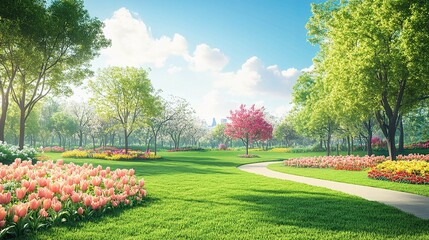 Fototapeta premium Tranquil Garden Scene with Vibrant Flowers and Lush Greenery