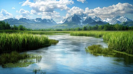 Serene landscape with mountains, water, and lush greenery.