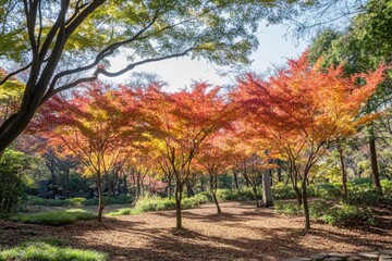 Fototapeta premium Autumn Foliage in a Sunlit Park Vibrant Trees and Natural Beauty
