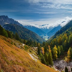 Obraz premium A serene mountain landscape featuring sharp peaks and a vibrant autumn forest.