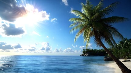 Fototapeta premium Tropical Paradise: Sun-Kissed Beach and Palm Tree