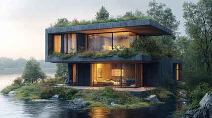 Obraz premium Modern Eco-Friendly Lake House: Architectural Design on Water