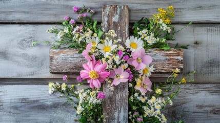 Floral Cross on Weathered Wood: A rustic wooden cross adorned with a vibrant arrangement of wildflowers, including daisies, pink blossoms, and various greenery.