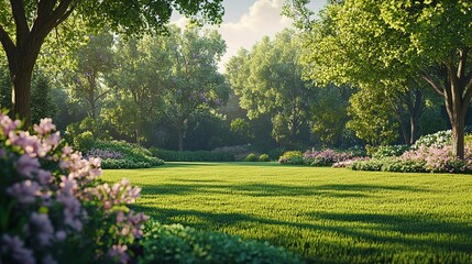 Obraz premium Tranquil Park Scene with Well-Kept Green Grass and Fresh Trees