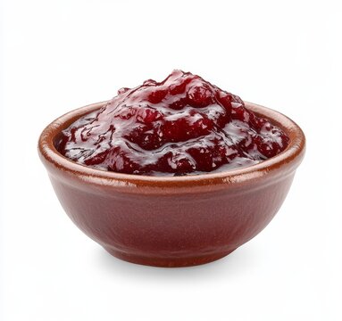 Cranberry sauce in a rustic bowl, isolated on white.