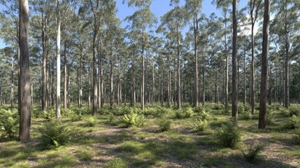 Sunlight dappled forest ferns; tranquil nature scene; ideal for nature documentaries