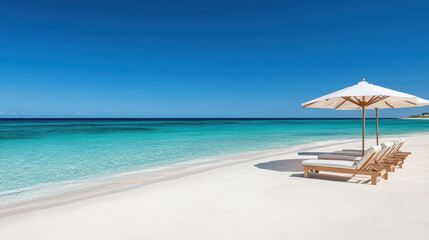 Obraz premium serene beach with sun loungers and umbrellas under clear blue sky