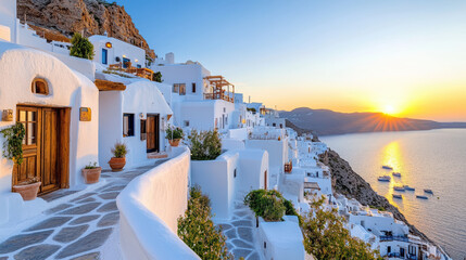 stunning sunset illuminating white buildings along coastal path