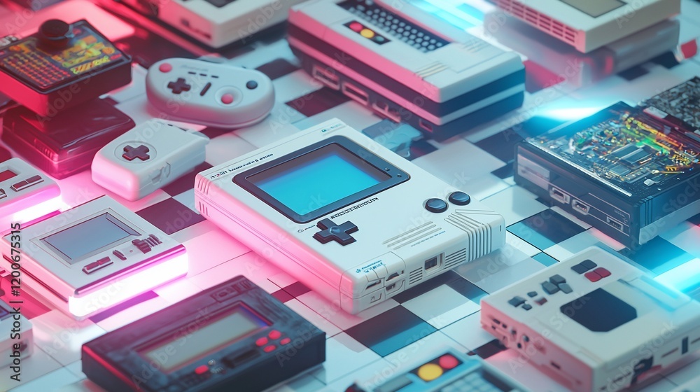 Poster retro gaming consoles and controllers arranged on a checkered surface with neon lighting.