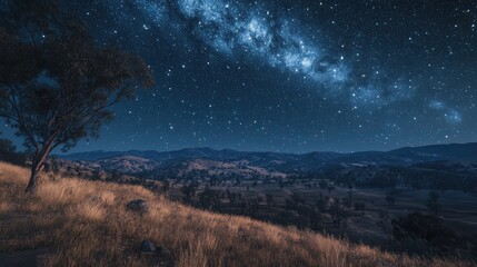 Naklejka premium stunning view of the starry night sky above a remote hilltop, where the stars seem so close and bright that they almost feel touchable,