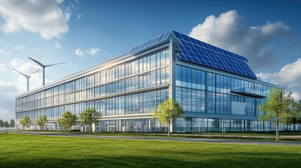 Obraz premium Eco-Friendly Modern Office Building with Solar Panels and Wind Turbines