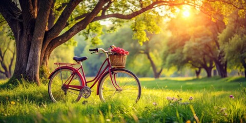 Fototapeta premium Scenic Fashion Photography Featuring a Vintage Bicycle on a Lush Field Surrounded by Trees, Perfect for Outdoor Fashion Shoots and Nature-Inspired Styling