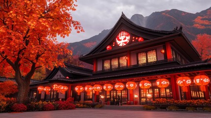 Fototapeta premium Autumnal Asian Building with Red Lanterns and Maple Trees