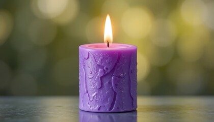 A single purple candle with intricate leaf design burns brightly against a softly blurred green and yellow bokeh background.