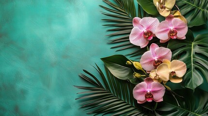 Tropical Orchid Arrangement: An elegant composition of delicate pink and yellow orchids nestled amidst lush tropical leaves on a vibrant teal background.