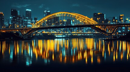 Night cityscape with illuminated bridge reflecting in calm water