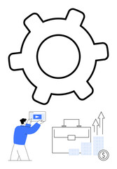 Man holding tablet, large gear above, briefcase, ascending arrows, coin stack. Ideal for business growth, technology integration, financial success, productivity enhancement market analysis