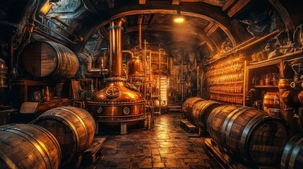 copper stills and machinery, surrounded by barrels filled with aging whiskey, reflecting a warm, golden glow