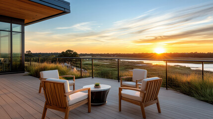 Fototapeta premium serene sunset view from rooftop terrace with stylish seating